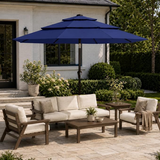 10ft Patio Umbrella, 3-Tier Vented Outdoor Table Umbrella with 8 Sturdy Fiberglass Ribs, Windproof Market Umbrella with Push Button Tilt and Crank, UV Protection for Deck, Pool, Navy Blue