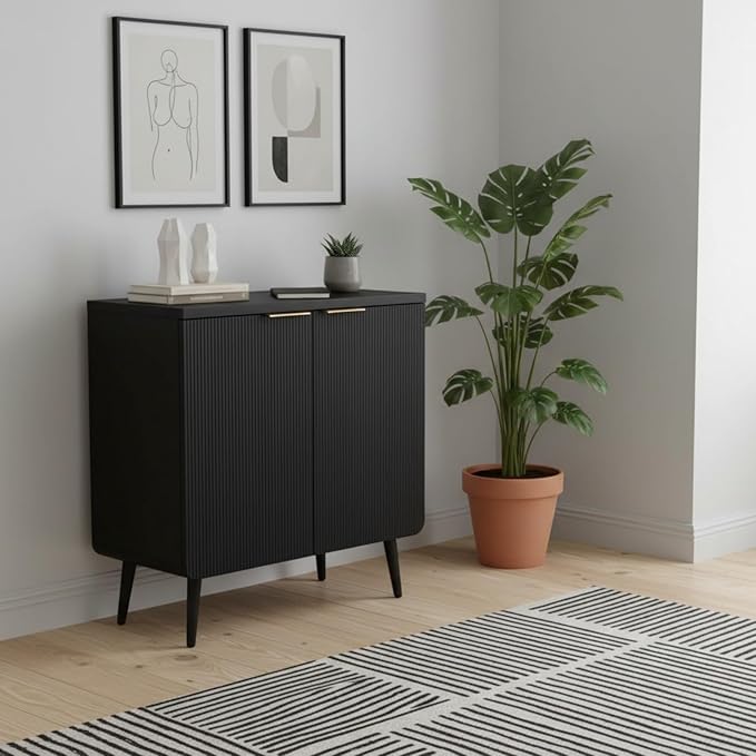 29.5" Modern Fluted Sideboard Cabinet with 2 Doors, Wood Storage Credenza with Shelves, Multi-Purpose Buffet Cabinet for Entryway, Dining & Living Room, Black