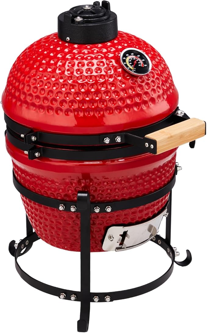 13" Portable Ceramic Grill Round Charcoal Barbecue Grills w/Thermometer and Grill Stand, Compact BBQ Grills for Garden Backyard Party Picnic Hiking Travel Outdoor Cooking Use, Easy to Assemble (Red)