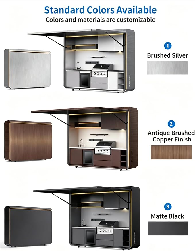 Prefab Outdoor Kitchen Pod Kits with Roof, Luxury Modular Island with Sink, Grill, Storage Cabinet, Burners, Refrigerator, Backyard Patio Cooking Station