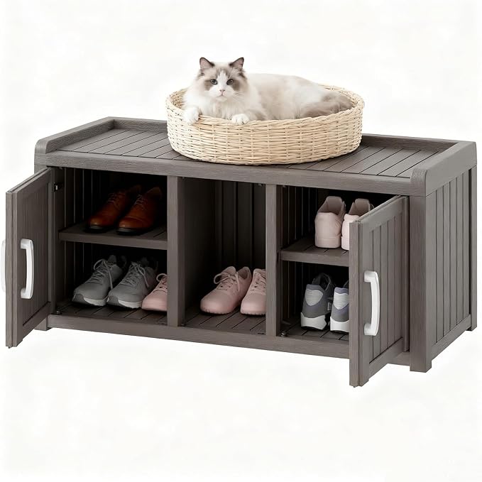 Outdoor Shoe Storage Cabinet, Waterproof UV-Resistant Resin Storage Bench Indoor Outdoor with 2 Doors, Adjustable Shelves for Entryway, Bedroom, Hallway,Living Room(Grey)