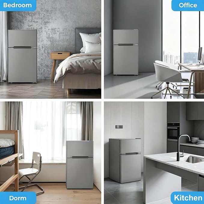 Kismile 3.2 Cu.Ft Mini Fridge with Freezer, 2 Door Dorm Refrigerator Grey | Adjustable Thermostat, Removable Shelves, Food & Beverage Storage, Dorm Mini Fridge for Bedroom/ Office/ College/ Apartment