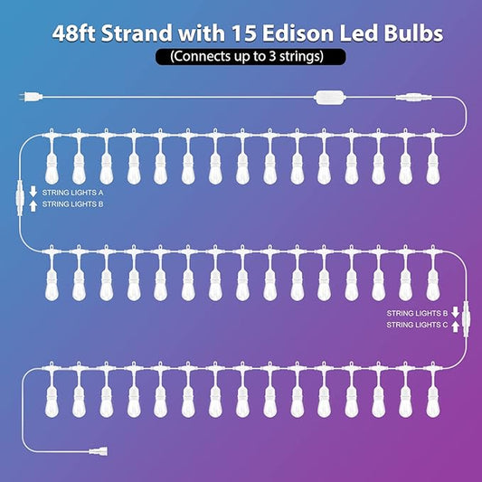 Mlambert 96Ft(2x48ft) Outdoor Patio Lights, RGB Cafe String Lights with Remote Control and 30+5 Dimmable LED Bulbs for Backyard Graden-White 2 Pack