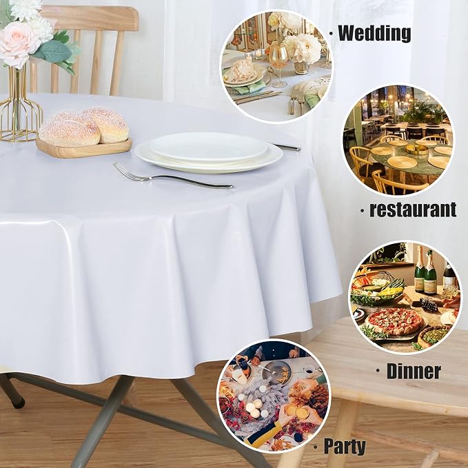 sancua 100% Waterproof Vinyl Tablecloth Table Cloth 60 Inch Round, White | Oil Spill Proof, PVC Material, Wipe Clean Table Cover for Dining Tables, Buffet Parties and Camping