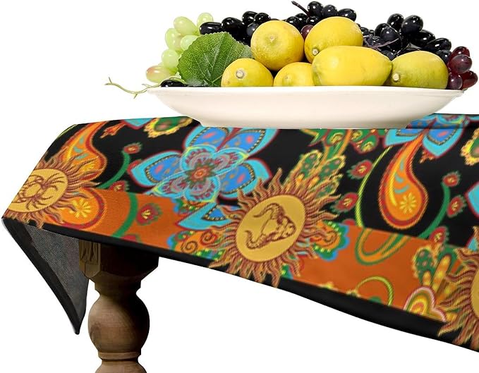 Vintage Boho Sun Tablecloth Wildflower Floral Bohemian Hippie Sun Table Cloth Water Resistant Wipeable Table Cover for Farmhouse Picnic Party Holiday Kitchen Dinner Table 60"x120"