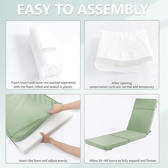 72 x 21 Inch Outdoor Chaise Lounge Cushion - Removable Cover, 4-Section Design, Water-Repellent & Fade-Resistant, 6 Tie Straps, Replacement for Patio & Pool Chairs - Sage Green