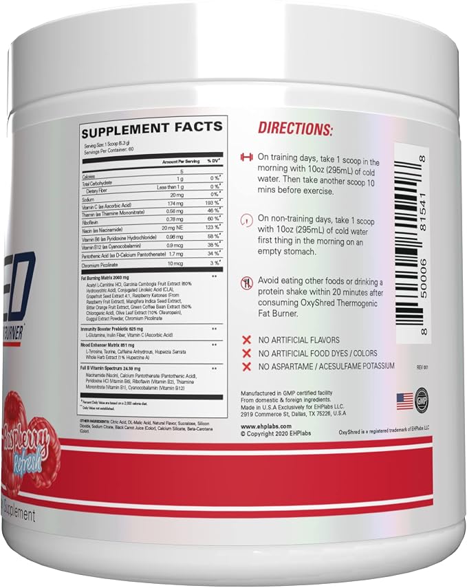 EHP Labs OxyShred Pre Workout Powder - Preworkout Powder with L Glutamine & Acetyl L Carnitine, Energy Boost Drink - Raspberry Refresh, 60 Servings