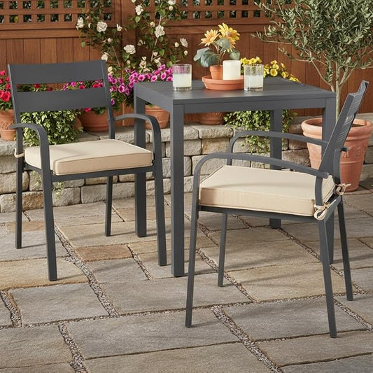 Outdoor 18 inch Square Patio Dining Chair Pads – Comfortable Fiber-Filled Seat Cushions with Ties, Reversible Polyester Fabric - Stone, Set of 2