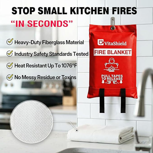 Emergency Fire Blanket for Kitchen Grease Fire, 39x39in, Easy Pull Tabs for Quick Use, 1076°F Heat Resistant Fiberglass, No Mess Extinguisher Alternative for Home Car RV BBQ (2 Pack)