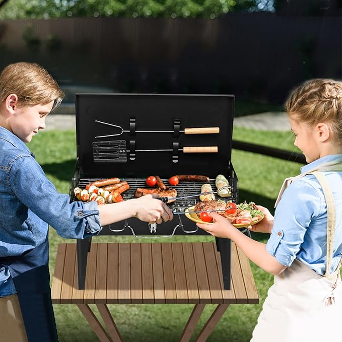 Portable Outdoor Charcoal Barbecue Grill,Small Folding Outdoor Grill,Outdoor Portable Tabletop BBQ Grill,Heavy Duty Foldable Barbecue Grill,with Barbecue Accessories,for Patio Hiking Picnic (Black)