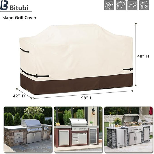 Bitubi 98 Inch Island Grill Cover - 600D Heavy Duty Waterproof All Weather Protection Extra Large Grill Cover,Beige & Brown