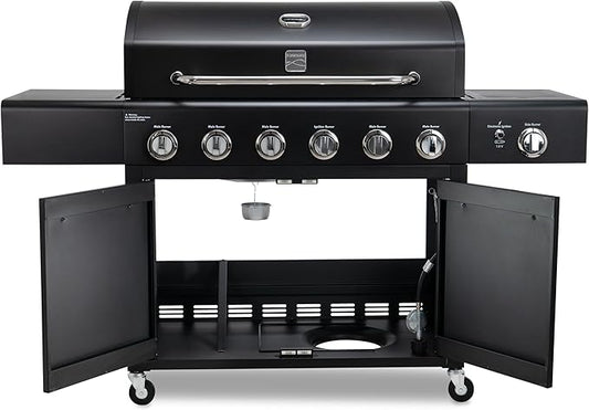 Kenmore 6-Burner Propane Gas Grill with Side Burner, 73,000 BTU Total Cooking Power, 819 Sq. In. Cooking Space, Cast Iron Grates, Warming Rack, Built-In Thermometer, For Outdoor BBQs Events, Black