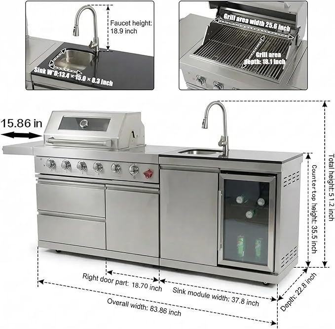 Outdoor Grills & Smokers, Portable Camping Charcoal Grill Cooking Barbecue, 6-Burner 75300 BTU, SS304 with Sink, Wine Cooler, Refrigerator, Granite Countertops & Rotisserie Kit,A5