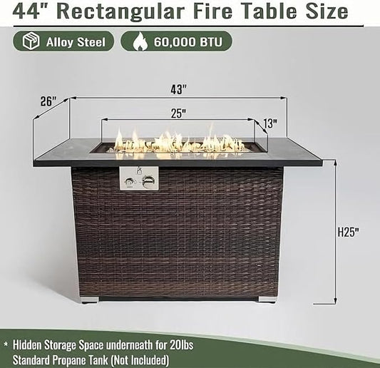 44" Outdoor Propane Fire Table, 50,000 BTU Gas Fire Pit with Ceramic Tile Top, PU Rattan Base, Tempered Glass Wind Guard, Lid & Waterproof Cover, Rectangular Patio Firepit for Backyard, Deck & Garden