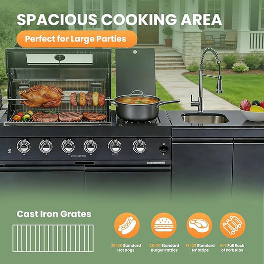 Outdoor Kitchen Natural Gas Grill Island,4-Burner 72,000 BTU Stainless Steel BBQ Grill with Infrared Rotisserie,Side Burner,Granite Countertop,Sink & Storage Cabinet.(Black+79 in)
