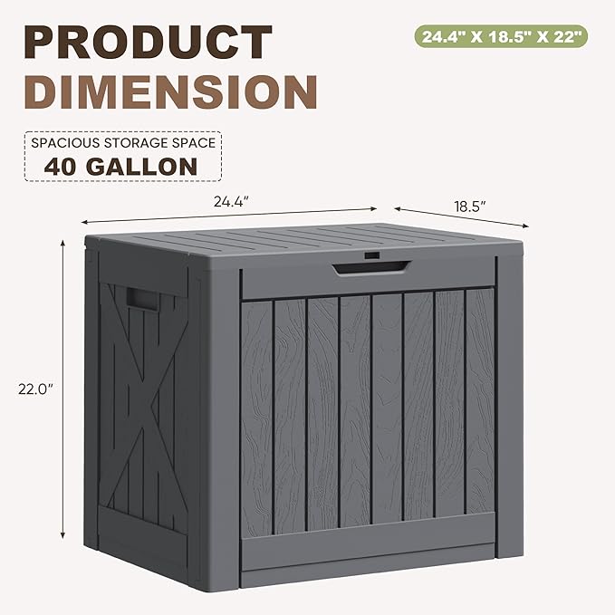 Greesum 40 Gallon Outdoor Deck Box, Resin Storage for Patio Furniture, Garden Tools, Pool Supplies, Weatherproof and UV Resistant, Lockable, Gray