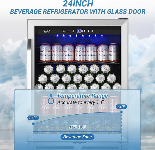 Velivi 24'' Beverage Refrigerator Cooler,168 Cans Beverage and Beer Fridge with Glass Door, Built-in/Freestanding Drink Fridge for Kitchen, Bar or Office, Stainless Steel Silver