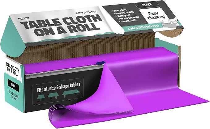 Tablecloth Roll – 54" X 110' Purple Premium Plastic Table Cloths with Cutter Box - Cut to Size - Decorative Rectangle Table Cover Smooth Tablecloth - Disposable Table Cloths for Parties, Weddings.