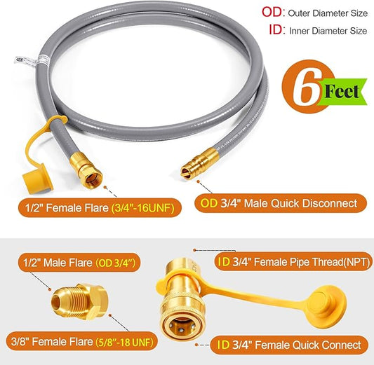 GasSaf 6 FT 1/2" ID Natural Gas Hose with Quick Connect Fitting, Natural Gas Conversion Kit for Gas Grill, Generator, Patio Heater and More - CSA Certified