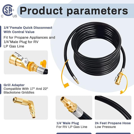Upgraded 24FT RV Quick Connect Propane Hose for RV to Grill, Low Pressure Quick Connect Propane Hose with Elbow Adapter for 17" and 22" Blackstone Griddles/Grills