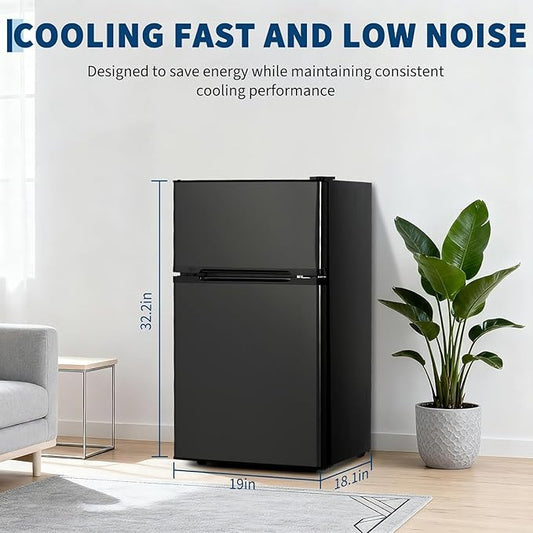 Mini Fridge with Freezer 3.1 Cu.Ft. Double Stainless Steel Door Compact Fridge Adjustable Thermostat,Removable Glass Shelves,Ideal for Compact Spaces Bedroom Dorm,Black