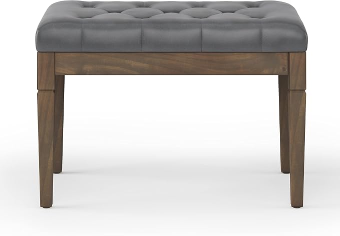 SIMPLIHOME Dahlia 18" x 46" Solid Wood Outdoor Indoor Bench in Taupe | Traditional tufted ottoman bench with carved legs; ideal bedroom or living room footstool or footrest.