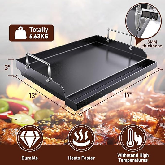 Cast Iron Griddle for Gas Grill, Nanoceramic Nonstick Flat Top Griddle Insert for Outdoor Gas Grill, 17" x 13" Flat Top Plate for Weber, Nexgrill, Charbroil Grills, Plancha Para Cocinar