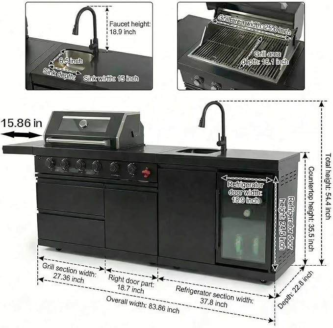 84" Modular Outdoor Kitchen Island, 4-Burner 75,300 BTU BBQ Island with Side Burner, Integrated Sink & Refrigerator, Side Prep Shelf, NG Conversion Kit, for Backyard and Patio Cooking, Black