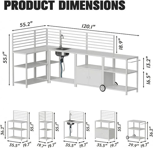 Vikiullf Aluminum Modular Outdoor Kitchen Island with Stainless Steel Sink, Movable Cart and Storage Cabinet, for Backyard BBQ, Porch Party (White Corner)