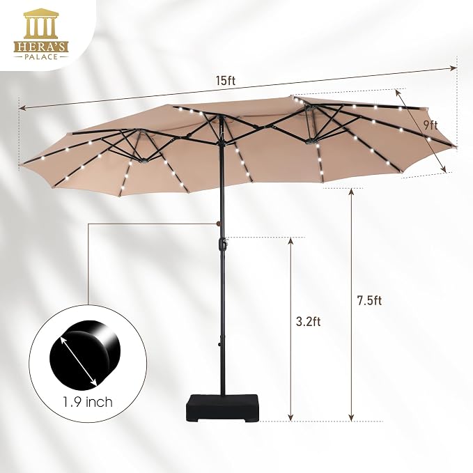 15ft Patio Umbrella with Solar lights & Base, Large Umbrellas, Beige | HERA'S PALACE Rectangle Double Market Umbrella with 36 LED Lights, Big Outdoor Umbrellas for Pool Picnic Inground Yard Deck