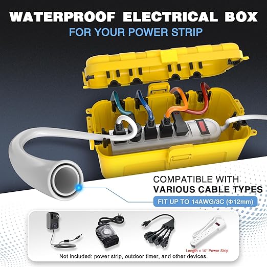 Flemoon Medium Outdoor Electrical Box (11.5x5.2x4 inch), IP54 Waterproof Extension Cord Cover w/6 Cable Entry Ports, Weatherproof Connection Box for Power Strip, Timer, Plug, Holiday Lights, Yellow