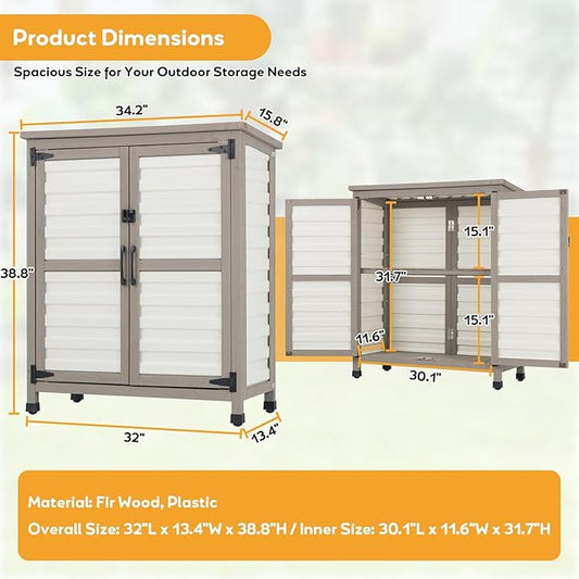 PetsCosset Outdoor Storage Cabinet with Lockable Doors, Wood & Plastic Horizontal Garden Patio Storage Box for Tools Toys Pool Accessories, Easy to Assemble, White