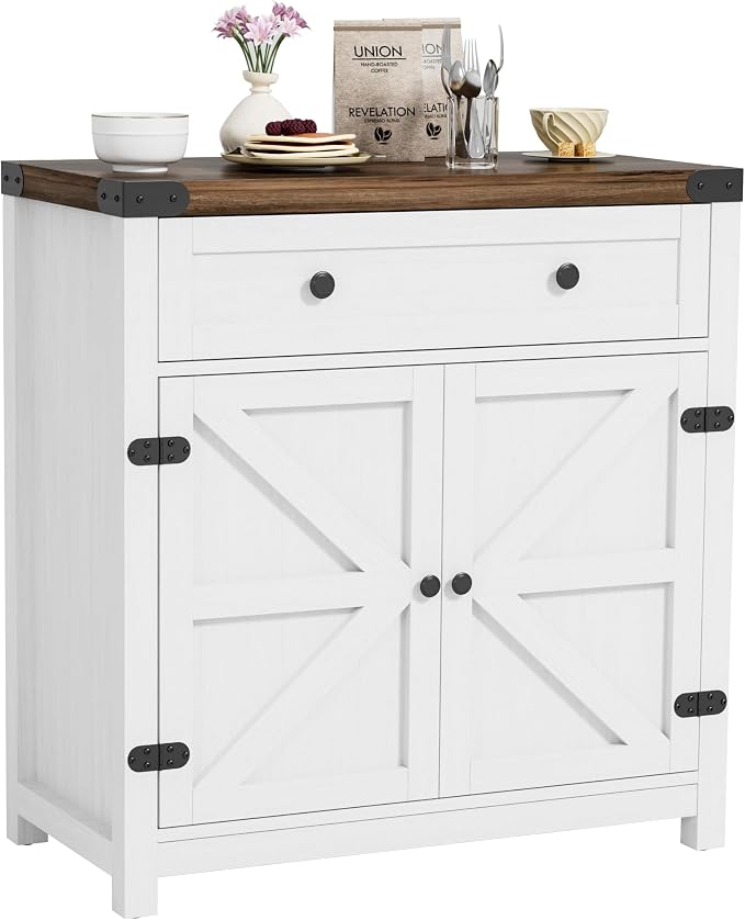YESHOMY Coffee Bar and Accent Cabinet, Farmhouse Barn Door Buffet Sideboard with Drawer and Adjustable Shelf, Wide Desktop for Kitchen, Dining Room, Bathroom, Entryway, Rustic Brown White