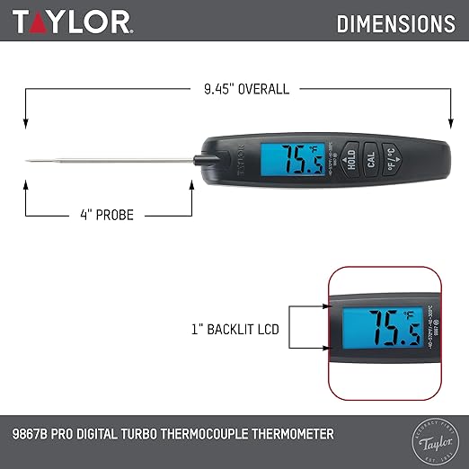 Taylor Digital Turbo Instant Read Thermocouple Meat Food Grill BBQ Cooking Kitchen Thermometer, Folding Probe, Black