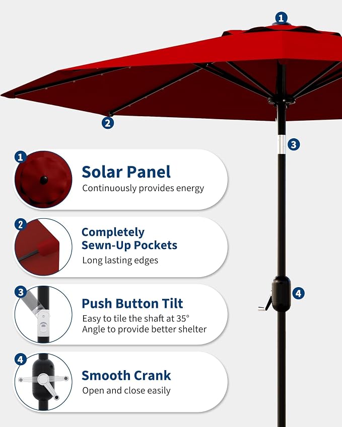 GarveeLife 10 ft Patio Umbrella with Solar Lights, 8 Ribs Outdoor Market Table Umbrella with 40 LED Lights & Tilt Crank for Pool, Deck, Backyard (Red)