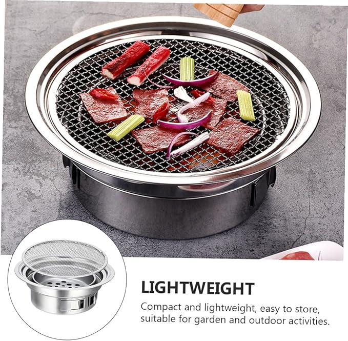 Toyvian Portable Stainless Steel Charcoal Bbq Grill Stove with Grill Rack, Small Korean Style Outdoor Barbecue Oven for Camping and Backyard Cooking