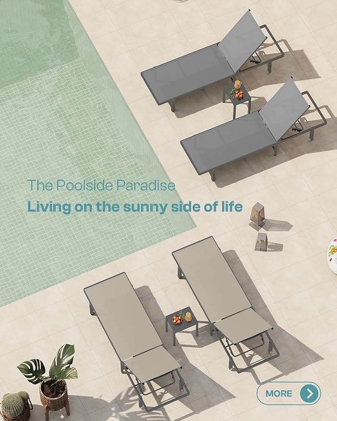 Outdoor Lounge Chairs Set of 2, Aluminum Pool Lounge Chairs with Wheels and 5-Position Recliner -Easy to Move- Patio Chaise Lounge Outdoor for Poolside, Deck, Beach (Khaki)