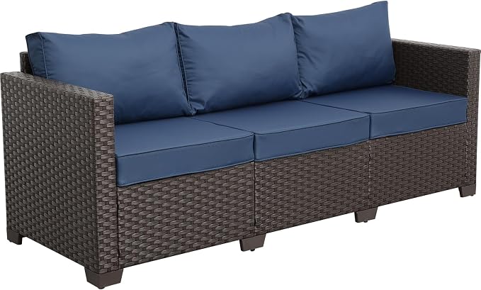 Valita Patio Furniture 3-seat Sofa Brown Wicker Outdoor Furniture Outdoor Couch Deep Seat High Backrest Waterproof Cover Anti-Slip Washable Cushions, Navy Blue
