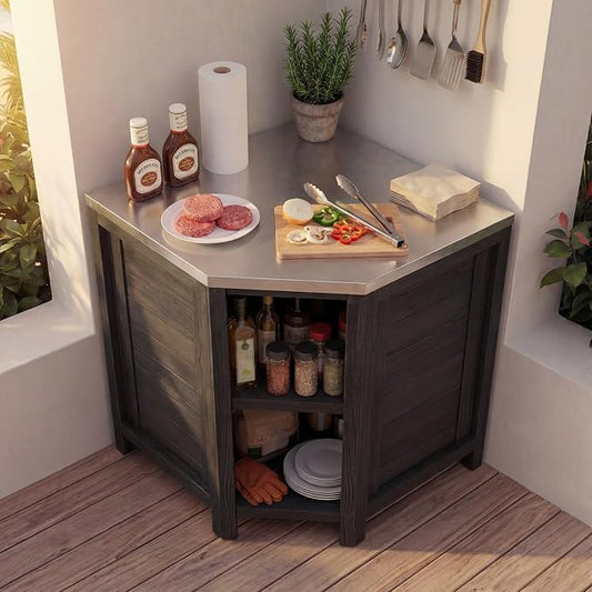 MOUMON Corner Patio Kitchen Storage Cabinet with Stainless Steel Countertop, Solid Cedar Patio Prep Table for Grilling, Outdoor Cooking Station, Dark Grey 35.4”W x 35.4”D x 37.4”H
