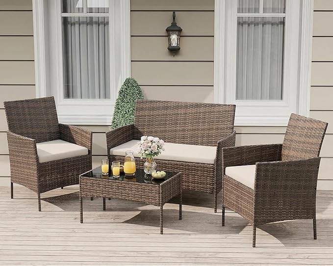 4-Piece Outdoor Furniture Set, PE Rattan Wicker Chairs with Soft Cushions & Tempered Glass Coffee Table - All-Weather Patio Set for Garden, Backyard, Porch, Poolside (Gradient Brown/Beige)