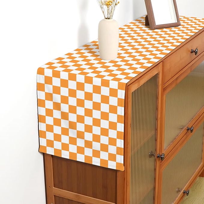 Orange White Checkered Table Runner Fall Thanksgiving Harvest Checkerboard Decoration for Wedding Birthday Bridal Baby Shower Christmas Home Party Kitchen Island Decor 13" x 72"