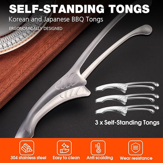 5 Pcs BBQ Tongs for Korea & Japanese Baebeque, Stainless Steel Grill Tongs Bbq Tong Self Standing Grilling Stencils(5 Pcs Rounds Tips)