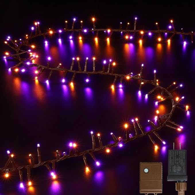 Purple Orange Halloween String Lights Outdoor, 46FT 500LED Twinkle Fairy Lights, 16 Modes Plug in Waterproof Cluster Lights for Bedroom Indoor Outdoor Halloween Decorations
