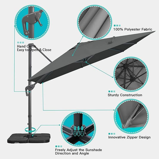 Sunnyglade 10x13Ft Cantilever Patio Umbrella Rectangular Deluxe Offset Umbrella 360ยฐRotation & Integrated Tilting System Patio Hanging Umbrella for Market Garden Deck Pool Backyard Patio(Grey)