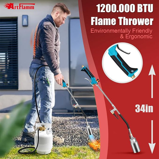 ARTFLAMM Portable Propane Torch Weed Burner Kit with Storage Bag, High Output BTUs & 10 FT Hose, Self Igniter Weed Flame Torch for Campfires,Roofing,Melting Snow and Ice,Road Marking