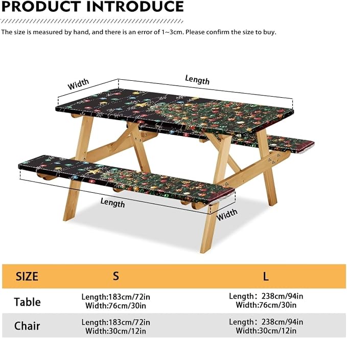 Christmas Tree Elastic Picnic Table Cover with Bench Covers Colored Lights Xmas Decoration Camping Table Cloth for Picnic Table 3 PCS Set Size S/L