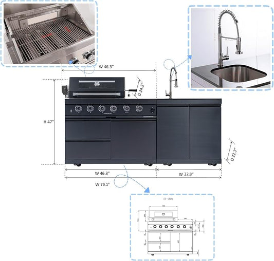 46" Outdoor Kitchen Bar Gas Grill Island, 72000 BTU Stainless Steel BBQ Propane Barbecue Grill with 4 Burners, Side Burner, Rotisserie Kit, Granite Countertop, Sink & Faucet