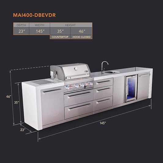 Mont Alpi Premium 145" Deluxe Stainless Steel Outdoor Kitchen Island with Refrigerator + Beverage Center Faucet & Sink + 32"W 4-Burner BBQ Grill + Granite Countertops + Storage + Rotisserie + Cover