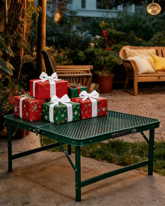 Square Folding Card Table with Adjustable Height (12" & 26"), Green Portable Metal Mesh Table for Camping, BBQ, Picnic, Game, Patio & Indoor Use, Fits 2–4 People, Lightweight 7.6 lb, Supports 66 lb