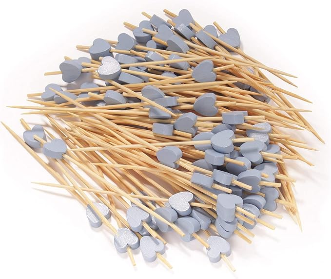 BambooMN 4.7 Inch Blue Heart Bamboo Food and Drink Pick Skewers for Catered Events, Holiday's, Restaurants or Buffets Party Supplies, 100 Pieces